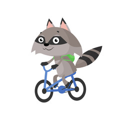Raccoon riding bicycle. Carefree, character, cartoon. Can be used for topics like leisure, active lifestyle, animal