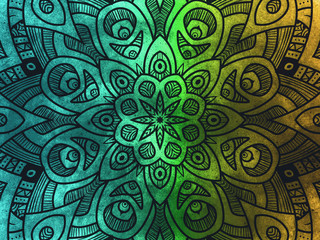 Mandala wallpaper, tracery round boho style. Ethnic ornament background. Folk, meditation design. Colored curved shape.
