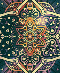 Mandala wallpaper, tracery round boho style. Ethnic ornament background. Folk, meditation design. Colored curved shape.
