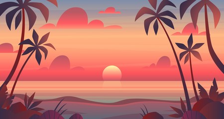 Fototapeta na wymiar Sea sunset. Evening or morning view of sun above ocean. Panorama with clouds, water surface and palm trees, exotic cartoon vector landscape