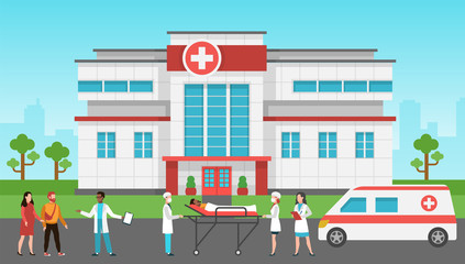 Obraz na płótnie Canvas Hospital exterior. Panorama medical building, health centre. Emergency service, ambulance car, patients and doctor vector healthcare concept