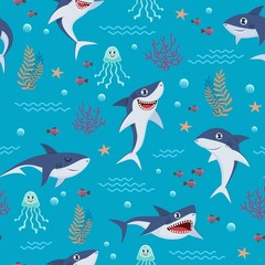 Cartoon sharks pattern. Seamless background with cute marine fishes, smiling shark characters and sea underwater world vector wallpaper