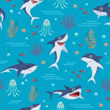 Cartoon Sharks Pattern. Seamless Background With Cute Marine Fishes, Smiling Shark Characters And Sea Underwater World Vector Wallpaper