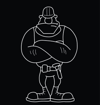 Monochrome outline cartoon construction worker with tool belt isolated on black background