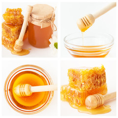 Craft jar with honey, wooden dipper with glass bowl, honeycomb pieces multiple shot collage. Isolated objects on white background. Organic food and healthy nutrition concept