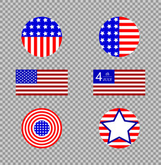 USA. Happy independens day. 4th of July, Banner, National Flag. Set of flags on transparent background. Vector illustration