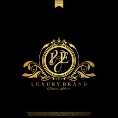 I & E IE logo initial Luxury ornament emblem. Initial luxury art vector mark logo, gold color on black background.