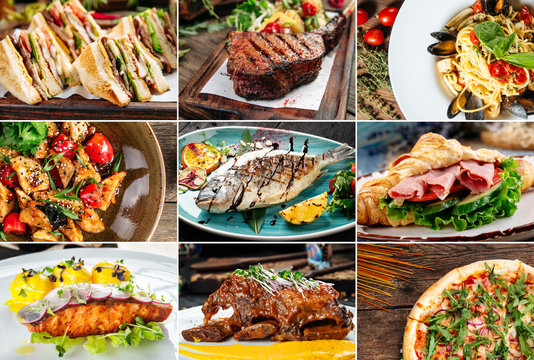 Gourmet restaurant dishes collage menu design