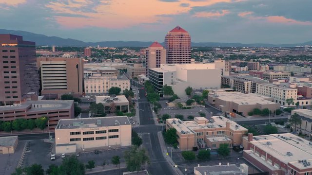 Albuquerque, New Mexico, USA. 31 September 2019. Aerial flying over the downtown city CBD at sunset