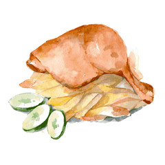 Fried chicken ham with French fries and cucumber. Russian home cooking. Watercolor illustration isoalted on white background. Vector - 346175504