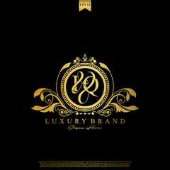 I & Q IQ logo initial Luxury ornament emblem. Initial luxury art vector mark logo, gold color on black background.
