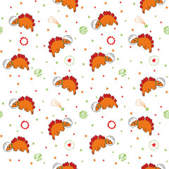 cute dinosaur astronauts in space with spaceships and planets, multicolored on white background, seamless vector pattern. children's, for fabric, Wallpaper, paper