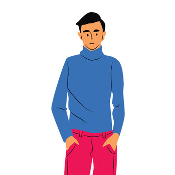 Portrait of the nice-looking attractive healthy content guy isolated on the white background. Colorful cartoon vector illustration