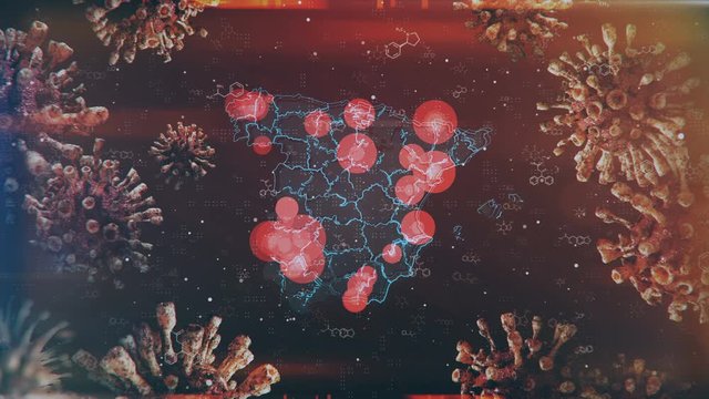 Motion graphics map of Spain with the localization and spread of the epidemic across the country. Suitable for mapping outbreaks of diseases, epidemics, the spread of crisis situations and emergency.