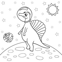 Vector illustration of dinosaur astronaut in space, spinosaurus - Coloring book for children