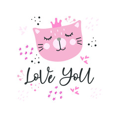 Love you hand drawn lettering. Cute cartoon cat in crown. Animal postcard isolated design element. Birthday, anniversary, Valentines Day greeting card. Ink calligraphy with flat hearts