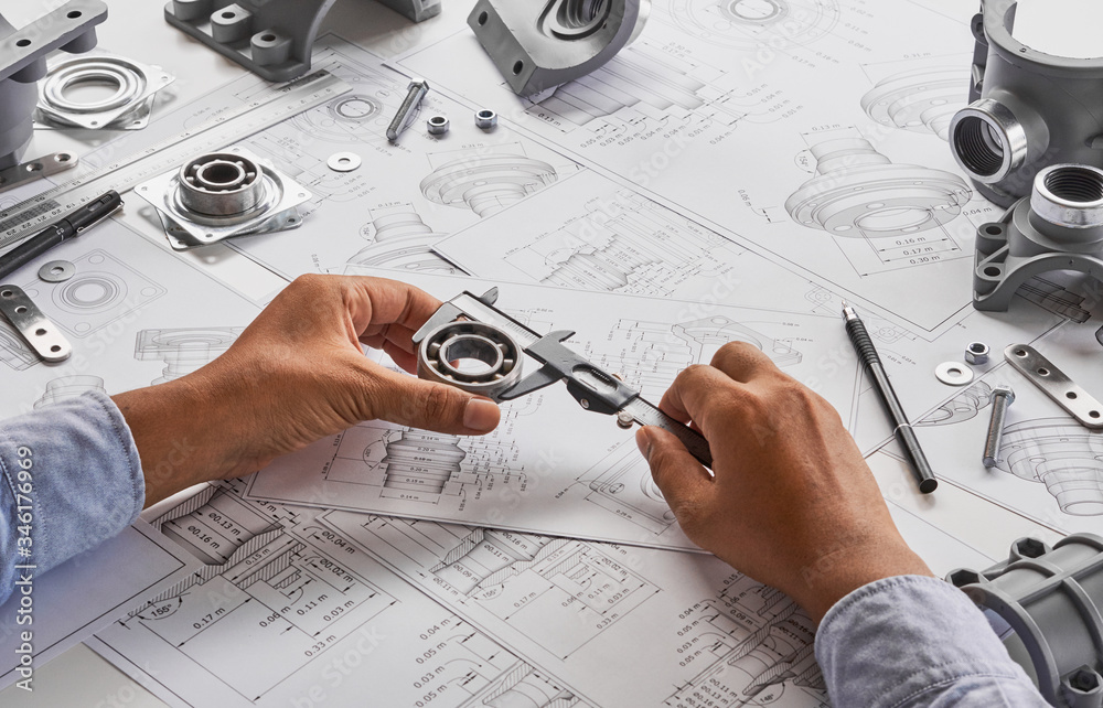 Poster Engineer technician designing drawings mechanical parts engineering Engine.manufacturing factory Industry Industrial work project blueprints measuring bearings caliper tools