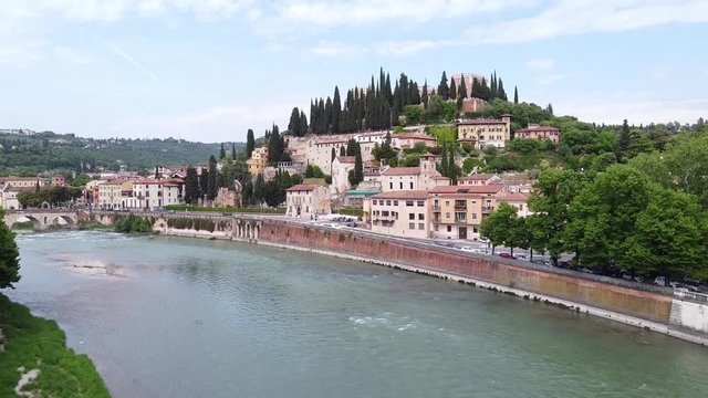Teatro Romano and Castel San Pietro hill, Verona, Italy, from adige river