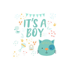 It's a boy lettering hand drawn illustration. Blue calligraphy on white background. Gender reveal party vector greeting card. Cute baby cat postcard. Arrival celebration