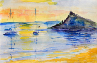 Fototapeta na wymiar Sailing yachts in the sea against the sunset bright sky. Watercolor sketch.