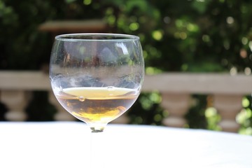 Pastis sans eau dans un verre transparent sur une nappe blanche - Département du Rhône - France