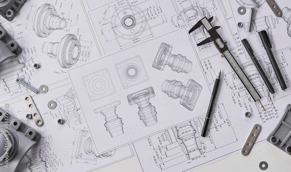 Poster engineer technician designing drawings mechanical parts engineering engine.manufacturing factory ind