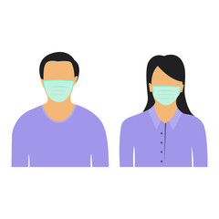 Men and Women in medical face protection masks. Vector illustration of person wearing a surgical surgical mask. illustrations for concepts of disease, disease, allergies, pollution, corona virus