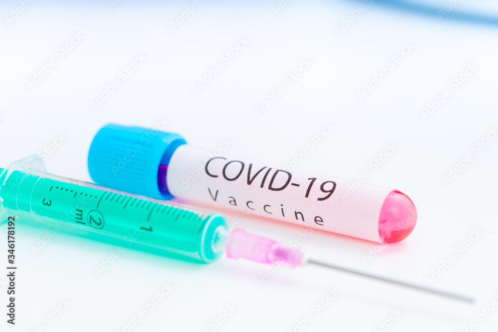 Wall mural Close-up on laboratory vial Virus corona covid 19 vaccine. Research for new novel coronavirus immunization drug concept. Coronavirus COVID-19 vaccine vial