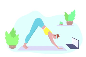 Online yoga and workout. Woman or girl doing excercises with an online coach.  Healthy lifesyle and relexation during coronavirus epidemic and quarantine. Stay home and fit. Vector illustration.
