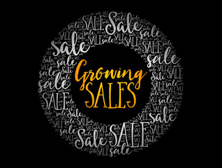 Growing Sales circle word cloud collage, business concept background
