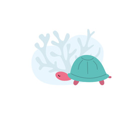 Cute pink sleeping baby lobster near coral reef. For children books and cards, Flat vector illustration.