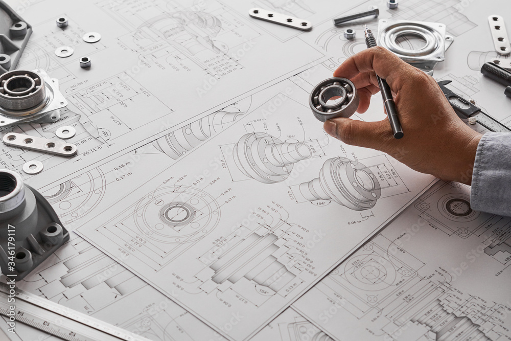 Poster engineer technician designing drawings mechanical parts engineering engine.manufacturing factory ind