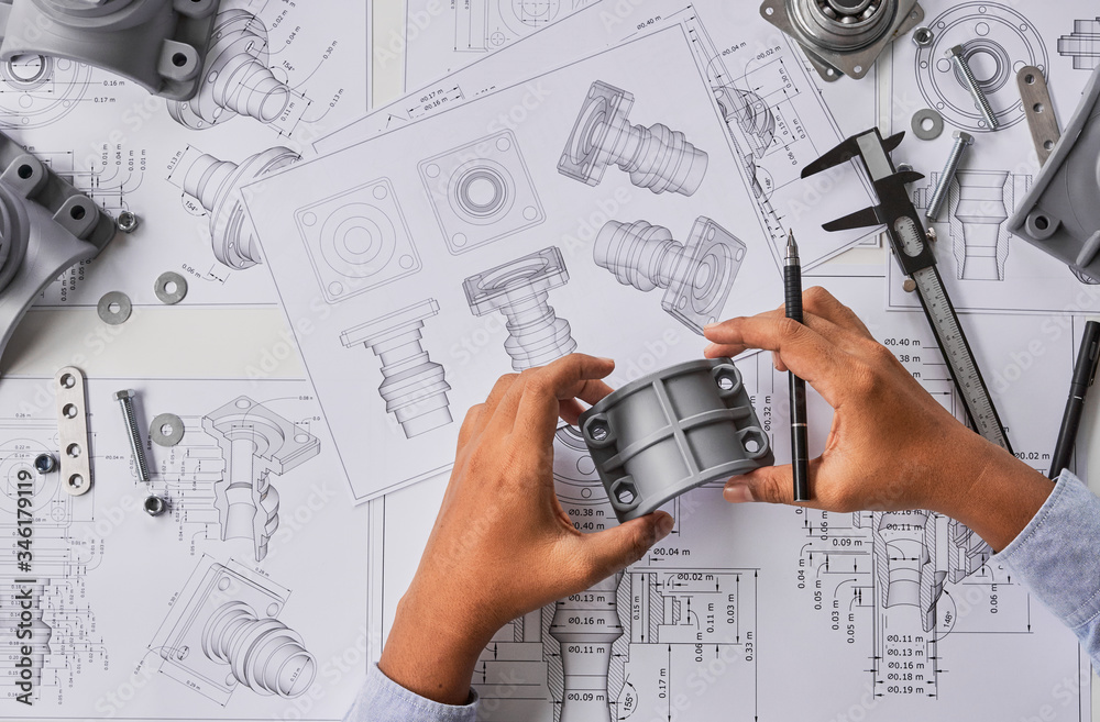 Poster engineer technician designing drawings mechanical parts engineering engine.manufacturing factory ind