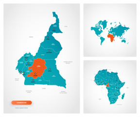 Editable template of map of Cameroon with marks. Cameroon on world map and on Africa map.