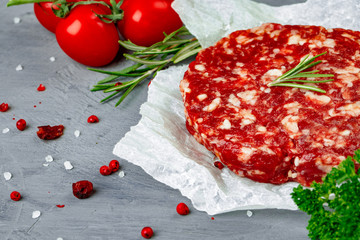 Fresh raw home made minced beef steak burger, close up