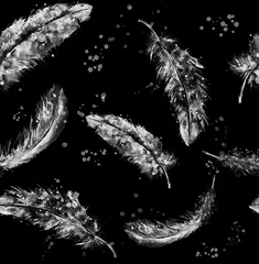 Fototapete Aquarellfedern Nahtloses Muster aus weißen Federn auf schwarzem Hintergrund