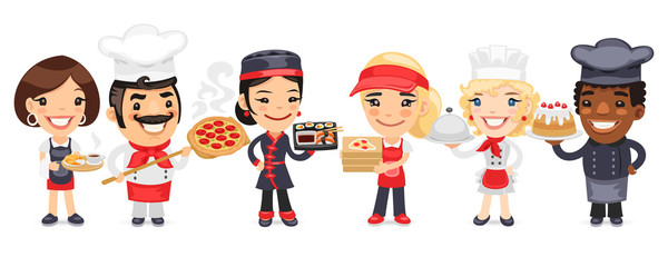 A group of cartoon catering professionals workers characters with different roles stand on a white background. Restaurant team set. Pizza chef, sushi cook, waiter, culinary specialist, deliveryman and