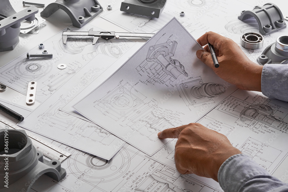 Poster engineer technician designing drawings mechanical parts engineering engine.manufacturing factory ind