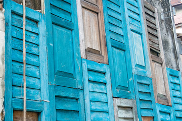 KUALA LUMPUR, MALAYSIA- Wooden window details on Kwai Chai Hong, an attractive heritage street with...