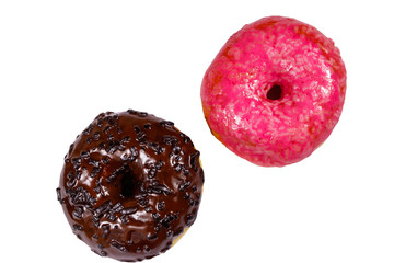 Tasty chocolate and pink donuts isolated on white background