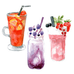 Set of Pink cocktail with foam, decorated with strawberries, black and red currants and Red mulled wine with oranges in a tall glass, decorated with strawberries. Milkshake in a transparent jar - 346180504