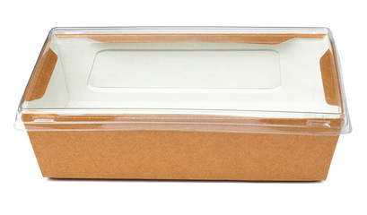 Craft package food box with transparent cover on white background close up