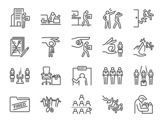 Layoff line icon set. Included icons as employee lay off, job fired, career resign, pay cuts, economic crisis and more. - obrazy, fototapety, plakaty