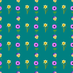 Floral seamless pattern on turquoise green background. Daffodil, Anemone and Pansy flower. Flat design. Botanical illustration.  