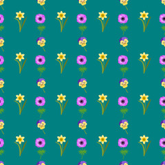 Floral seamless pattern on turquoise green background. Daffodil, Anemone and Pansy flower. Flat design. Botanical illustration.  