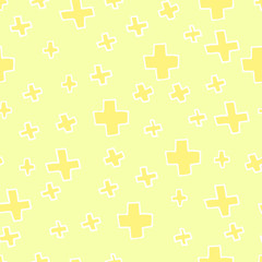 Seamless medical light pattern. White Outline crosses isolated on a yellow background. Vector picture with pharmaceutical hand-drawn elements. Illustration for wallpaper, wrapping paper, textile