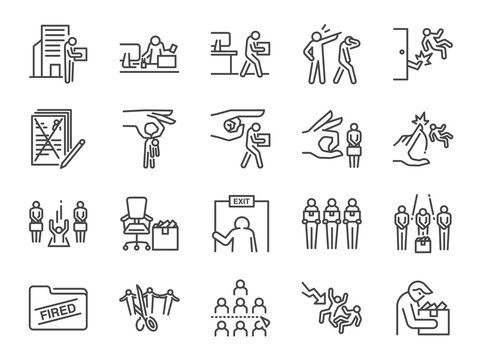Layoff line icon set. Included icons as employee lay off, job fired, career resign, pay cuts, economic crisis and more.