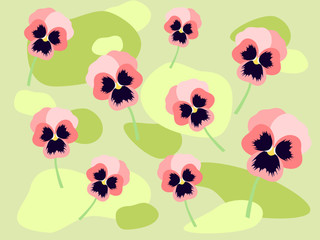 Pink pansy with green free form background. Flat design. Botanical illustration.