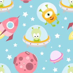 Printed kitchen splashbacks Monsters Funny Monsters Seamless pattern - Cartoon Cute Aliens, Rocket, Planets. Vector Illustration. Print for Wallpaper, Baby Clothes, Wrapping Paper. Pattern does not contain gradients and clipping masks.