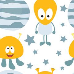 Grappige Space Monsters naadloze patroon - Cartoon Cute Aliens, sterren, planeten. Vectorillustratie. Afdrukken voor behang, babykleding, inpakpapier. Patroon bevat geen verloop en knipmasker.